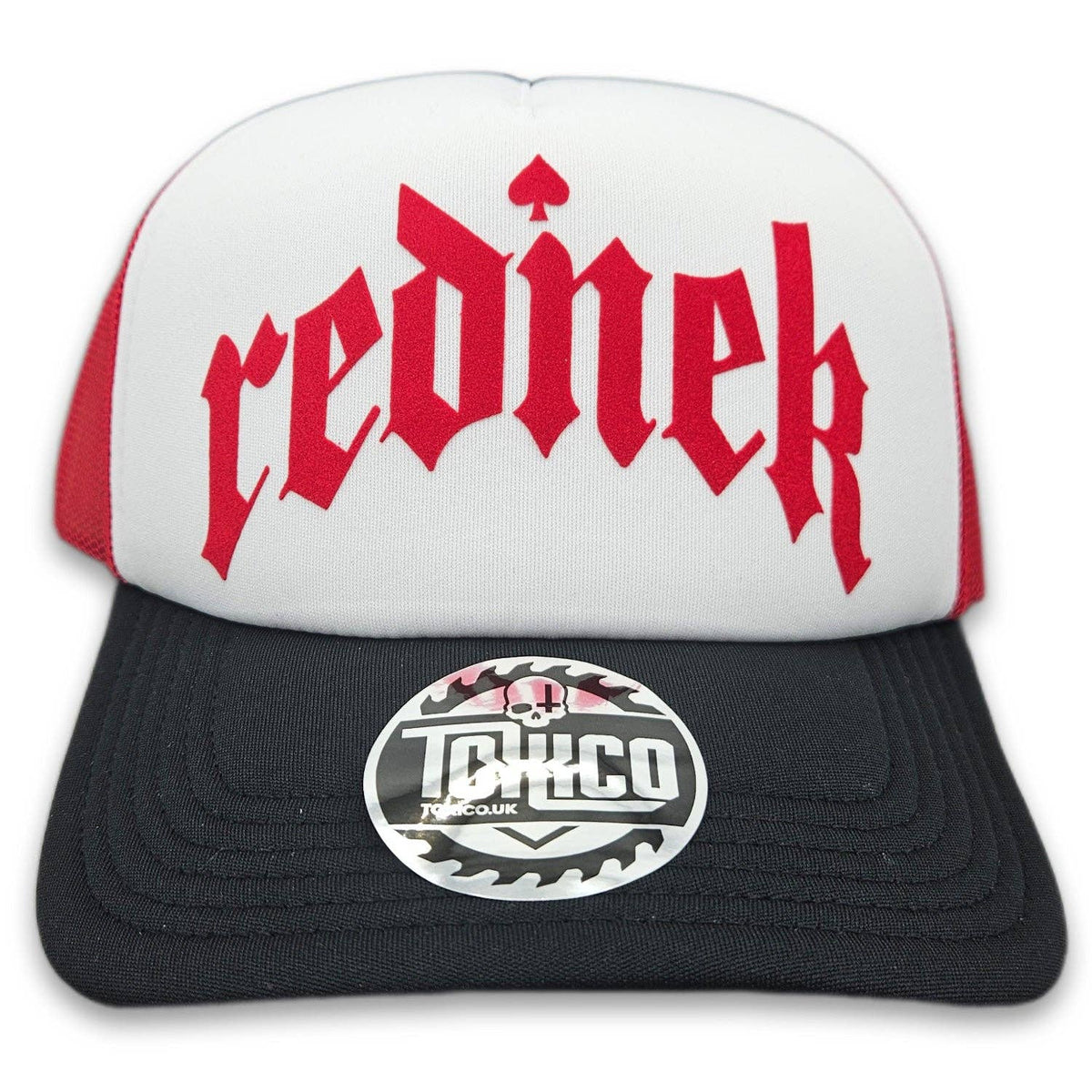 Rednek Gothic Trucker Hat: Red/White/Black
