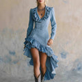 Western Style Floral Denim Dress For Women: LIGHT BLUE