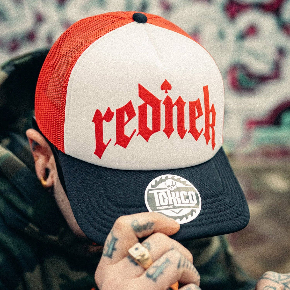 Rednek Gothic Trucker Hat: Red/White/Black