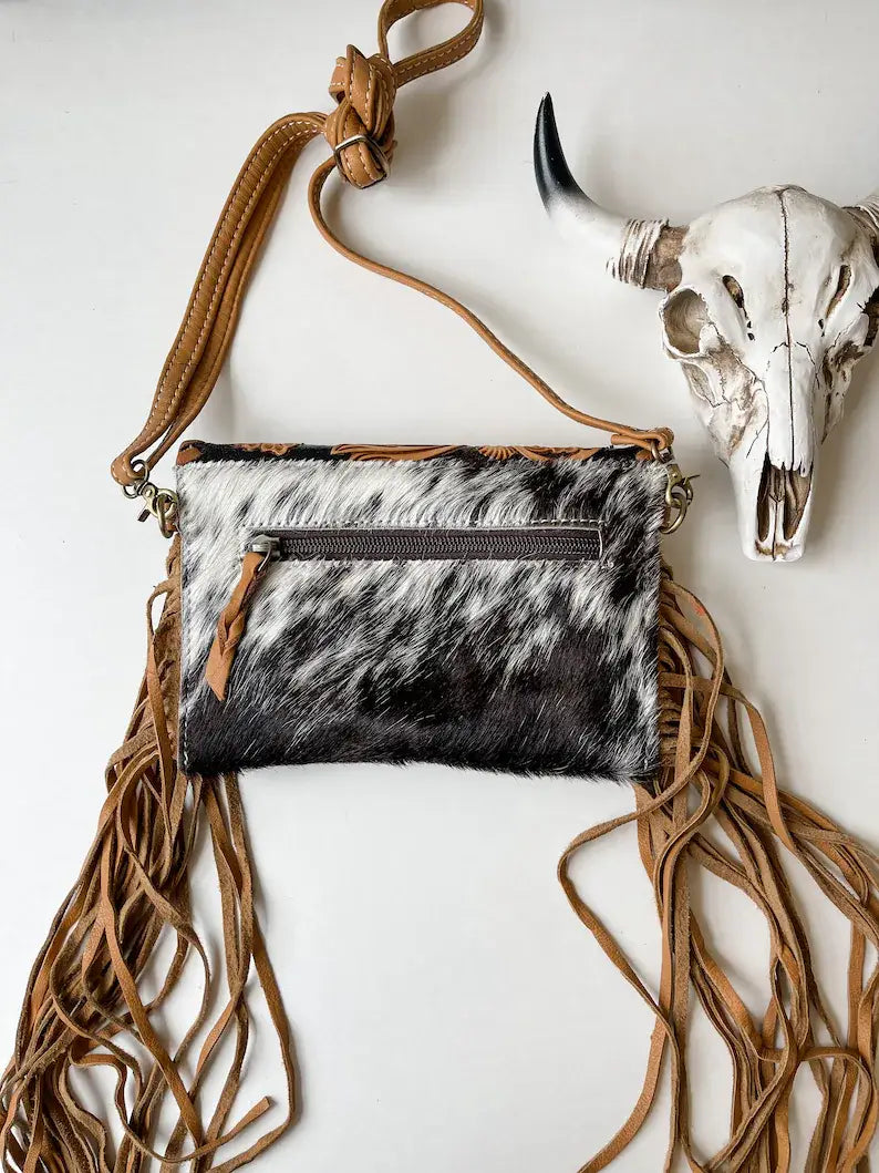 THE CASSIE - TOOLED crossbody Western Tooled Leather Cowhide: Black/brow/white