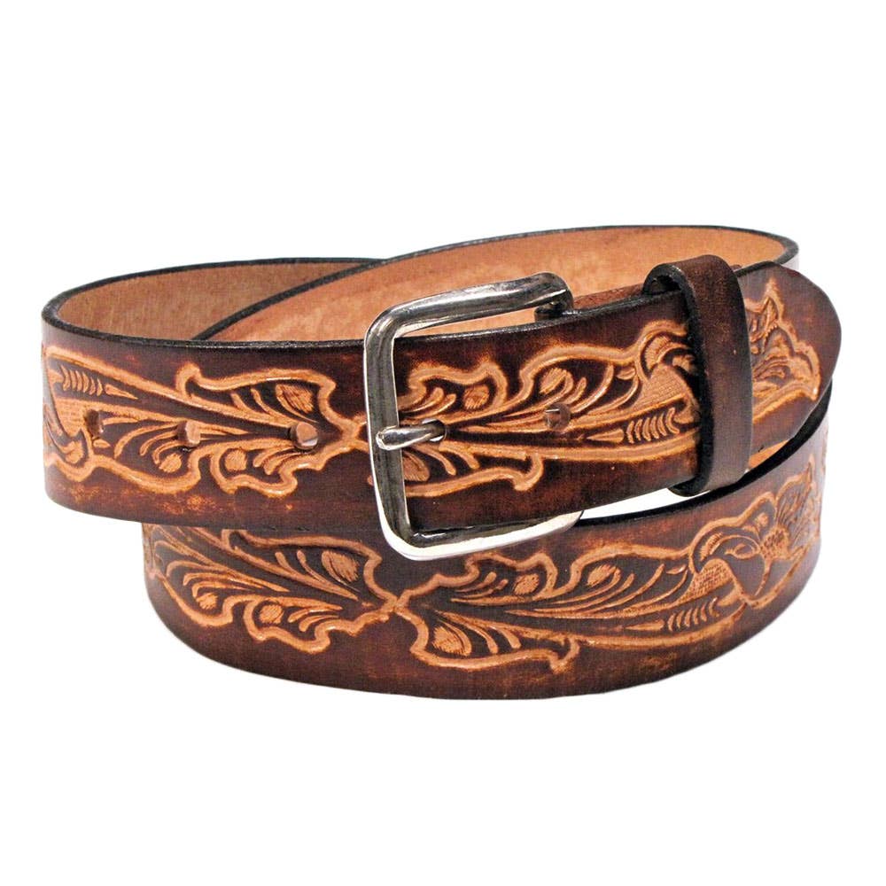 Made in the USA - Brown Leather Belt with Western Scrolls: 38