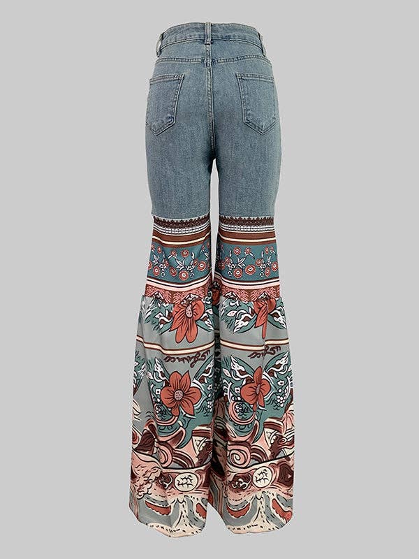 Flared Pants Floral Printed High-Waisted Pockets Jean Pants Bottoms: BLUE