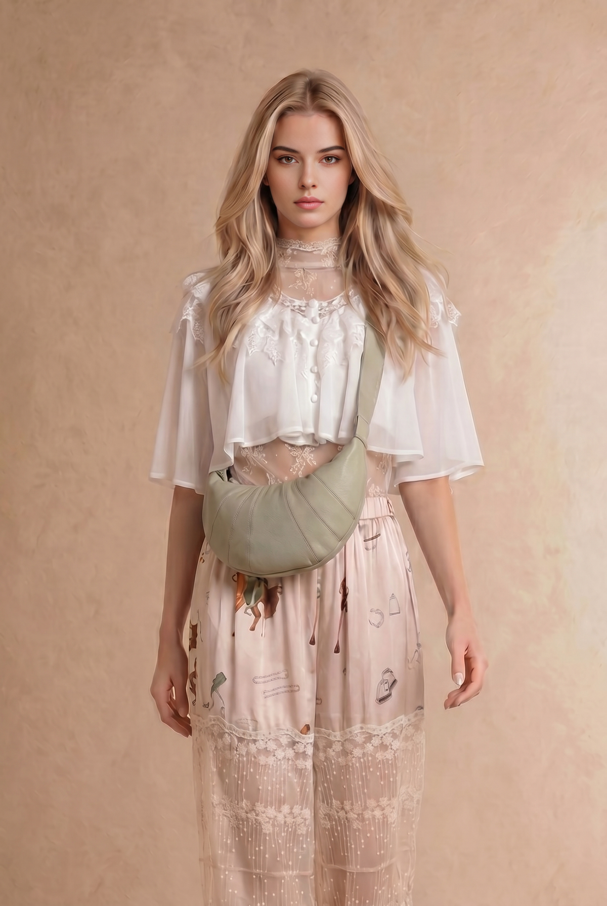 Chiffon Lace Shoulder Cape Like Crop Blouse Top: OFF WHITE