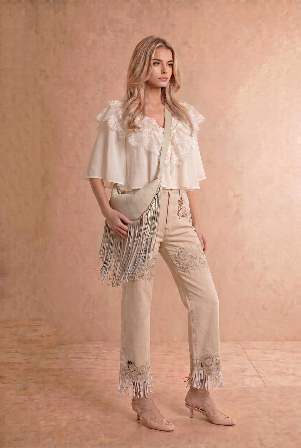 Chiffon Lace Shoulder Cape Like Crop Blouse Top: OFF WHITE