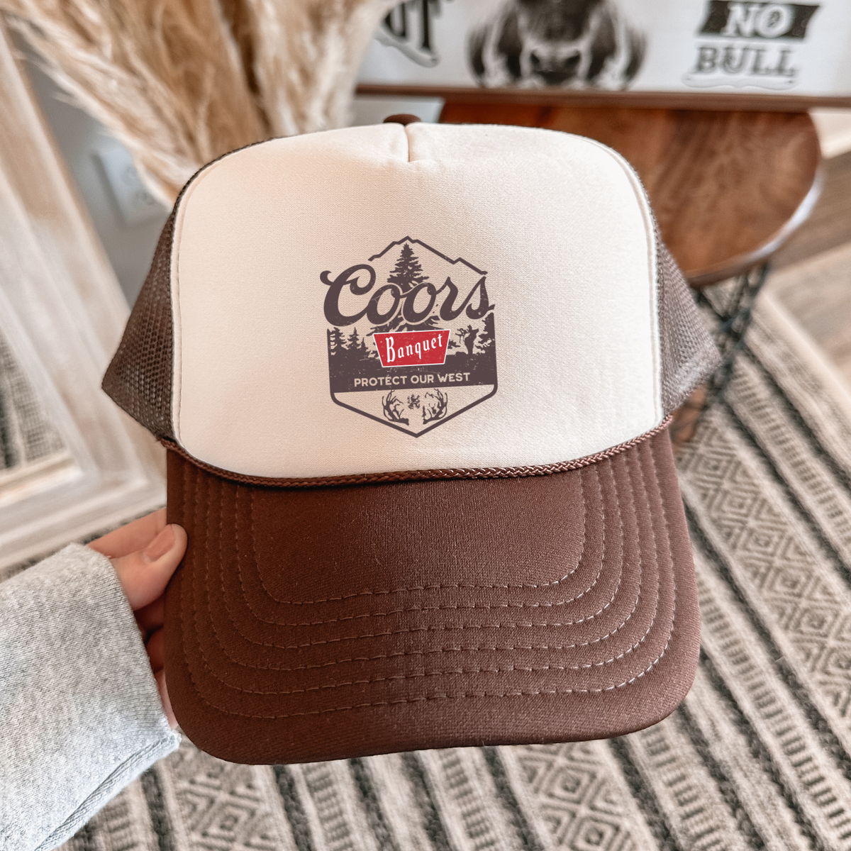 Vintage Western Trucker Hat Protect Our West Cap: Black/White