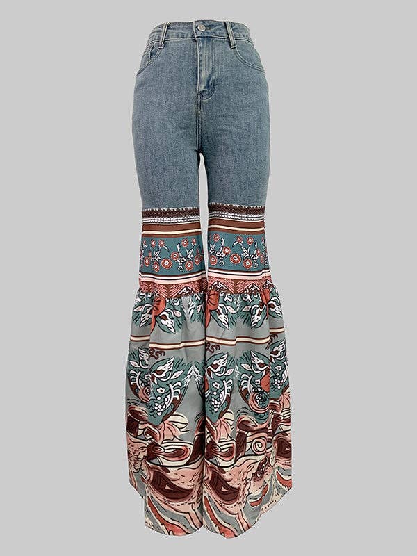 Flared Pants Floral Printed High-Waisted Pockets Jean Pants Bottoms: BLUE
