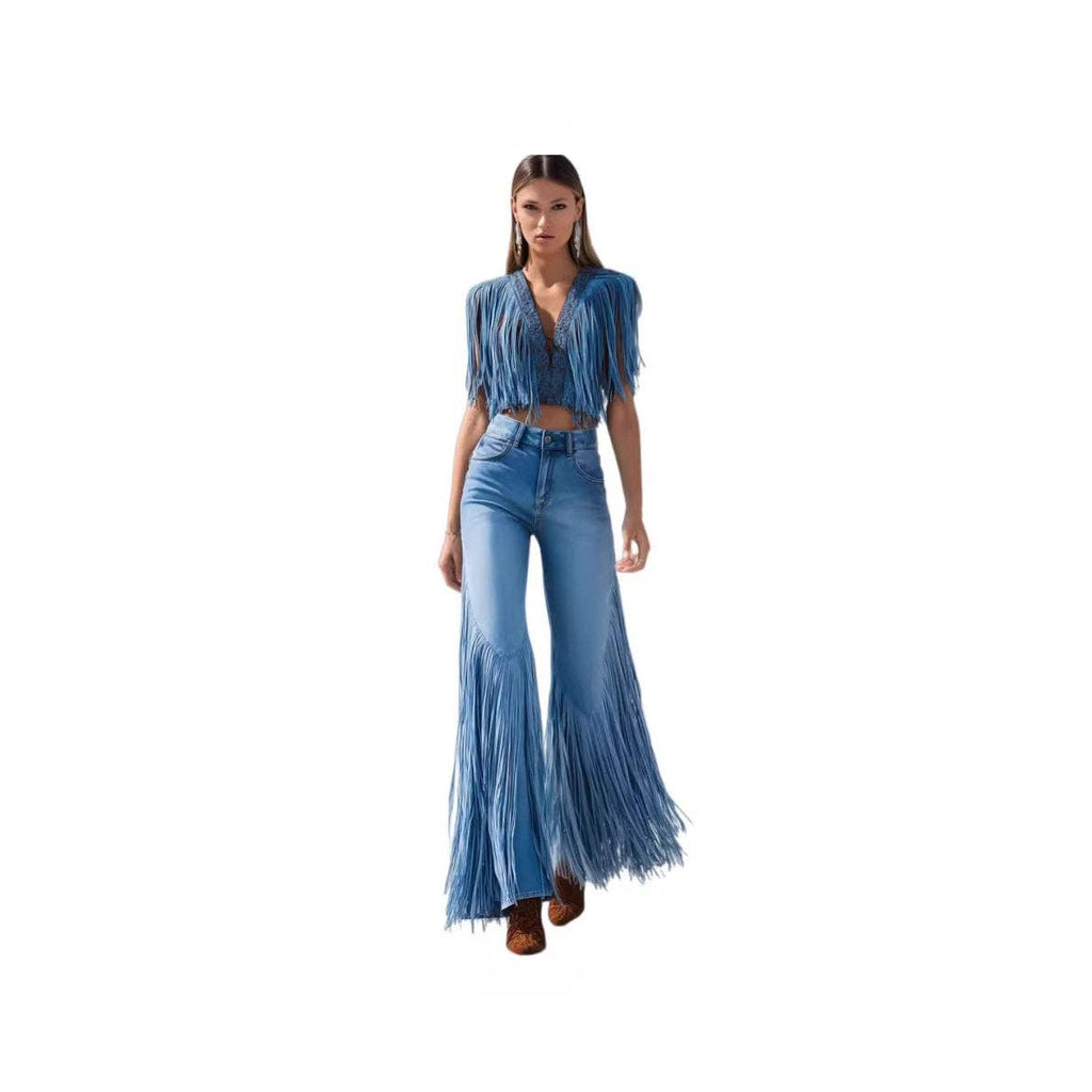 New Women's Irregular Hem Fringe Denim Jeans: BLUE