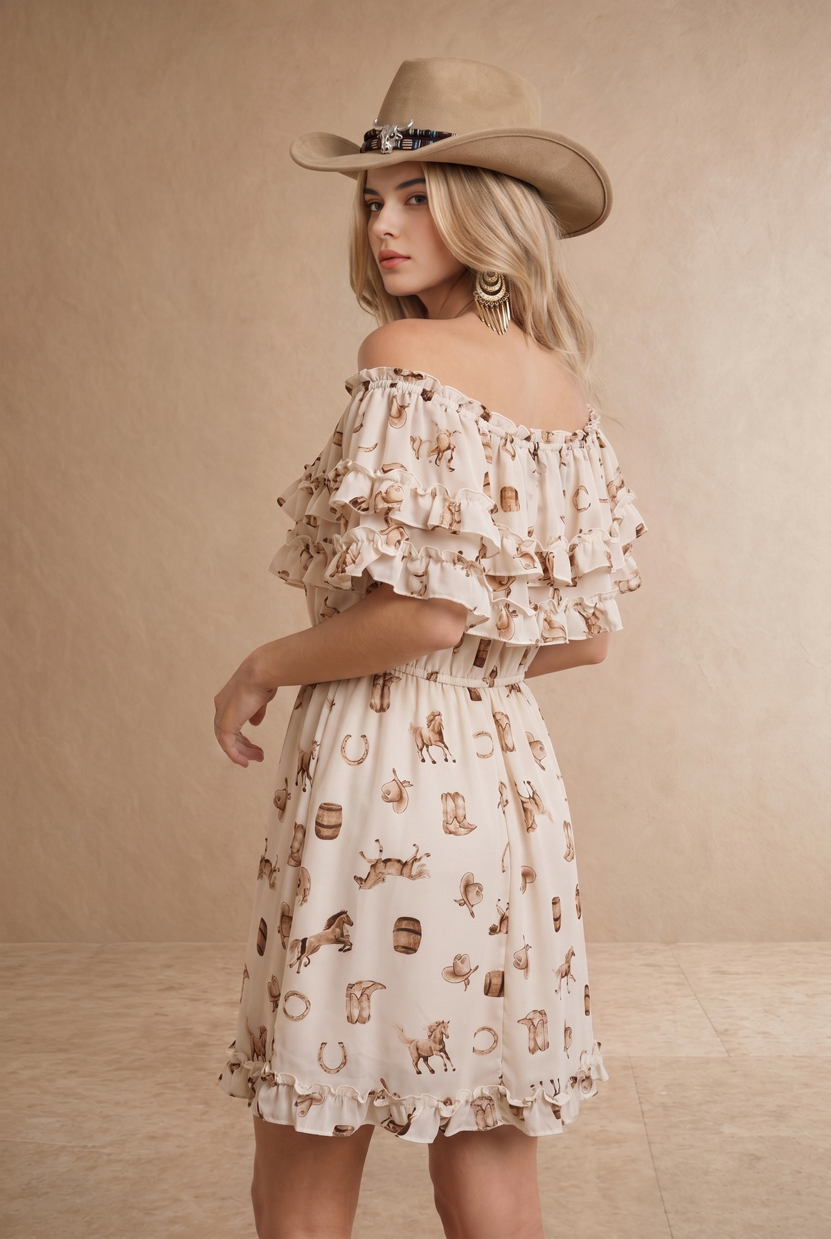 LAYERED RUFFLE DETAILED WESTERN PRINT DRESS: CREAM