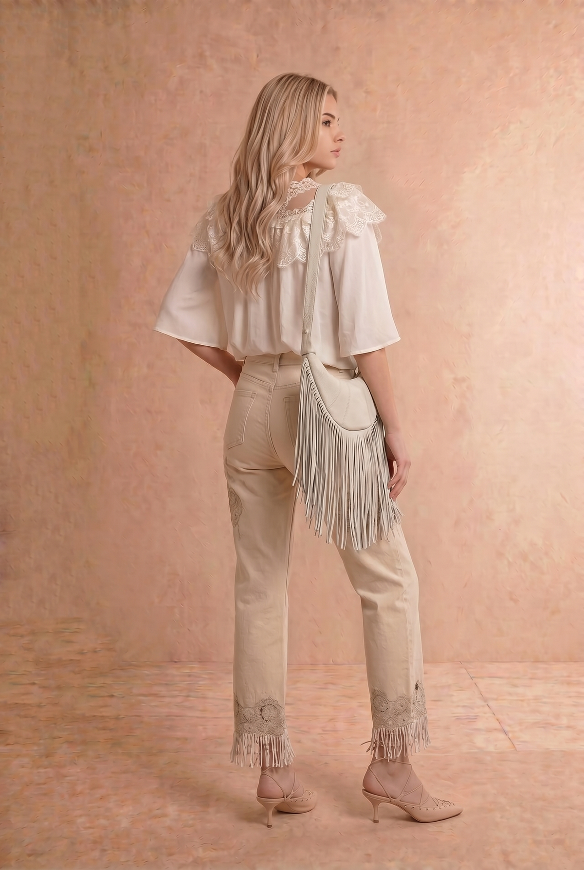 Chiffon Lace Shoulder Cape Like Crop Blouse Top: OFF WHITE