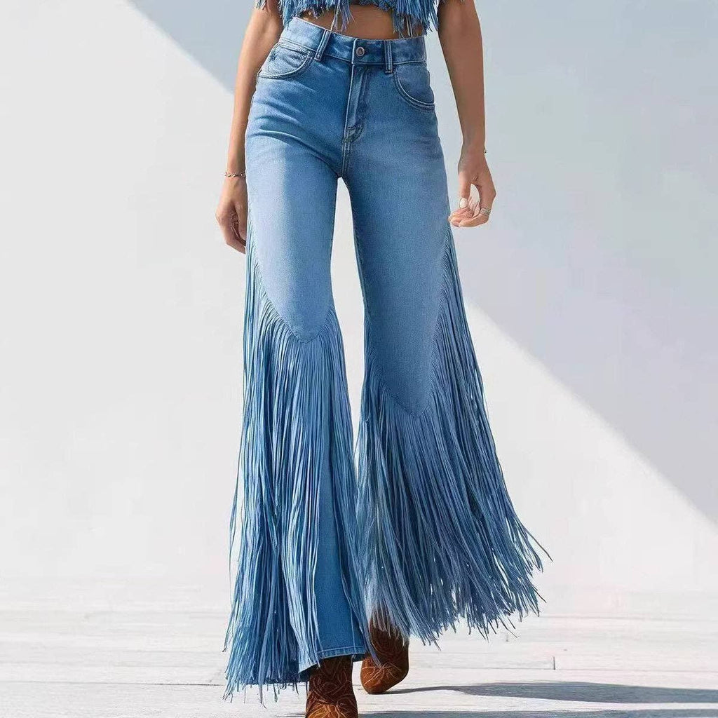 New Women's Irregular Hem Fringe Denim Jeans: BLUE