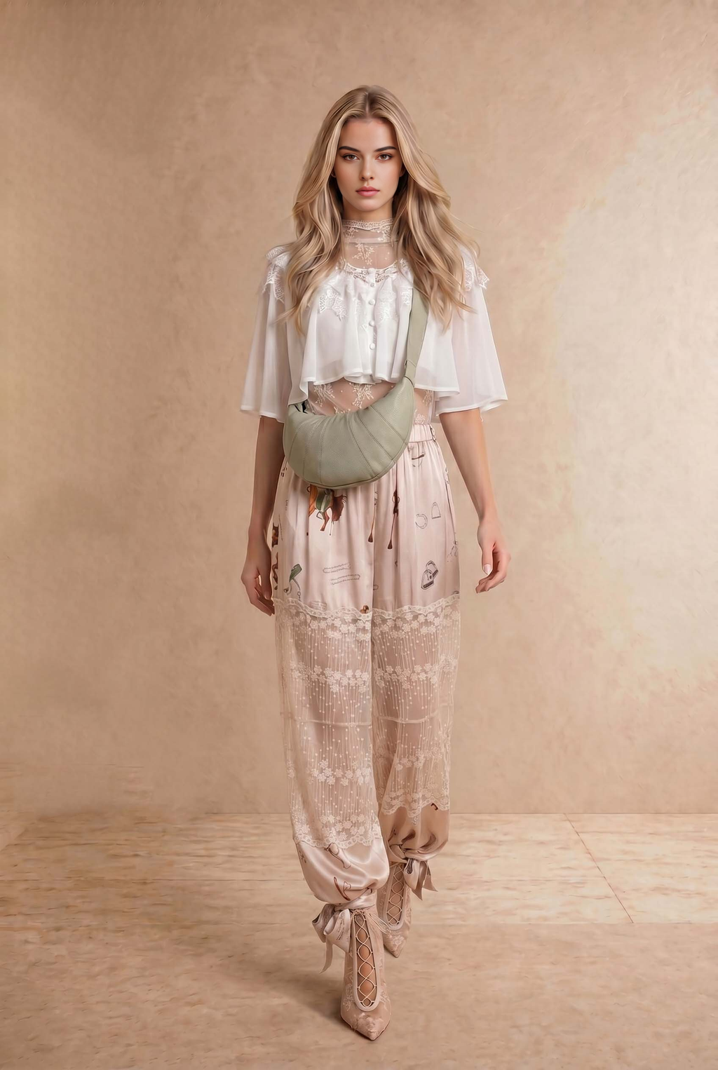 Chiffon Lace Shoulder Cape Like Crop Blouse Top: OFF WHITE