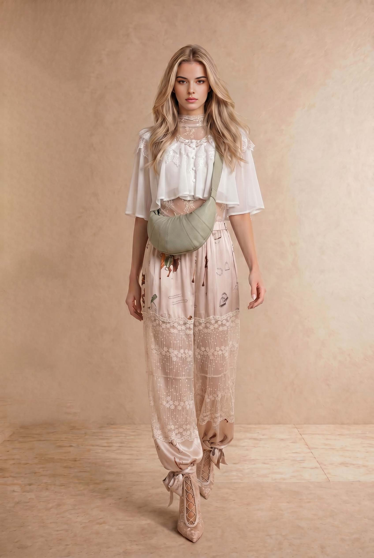 Chiffon Lace Shoulder Cape Like Crop Blouse Top: OFF WHITE