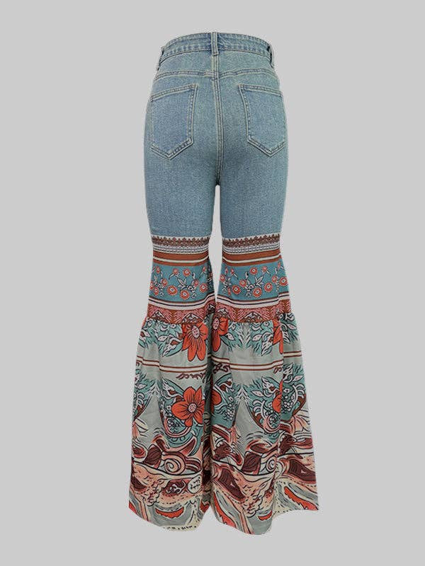 Flared Pants Floral Printed High-Waisted Pockets Jean Pants Bottoms: BLUE