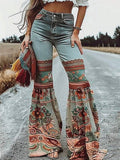 Flared Pants Floral Printed High-Waisted Pockets Jean Pants Bottoms: BLUE