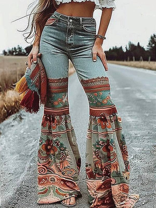 Flared Pants Floral Printed High-Waisted Pockets Jean Pants Bottoms: BLUE