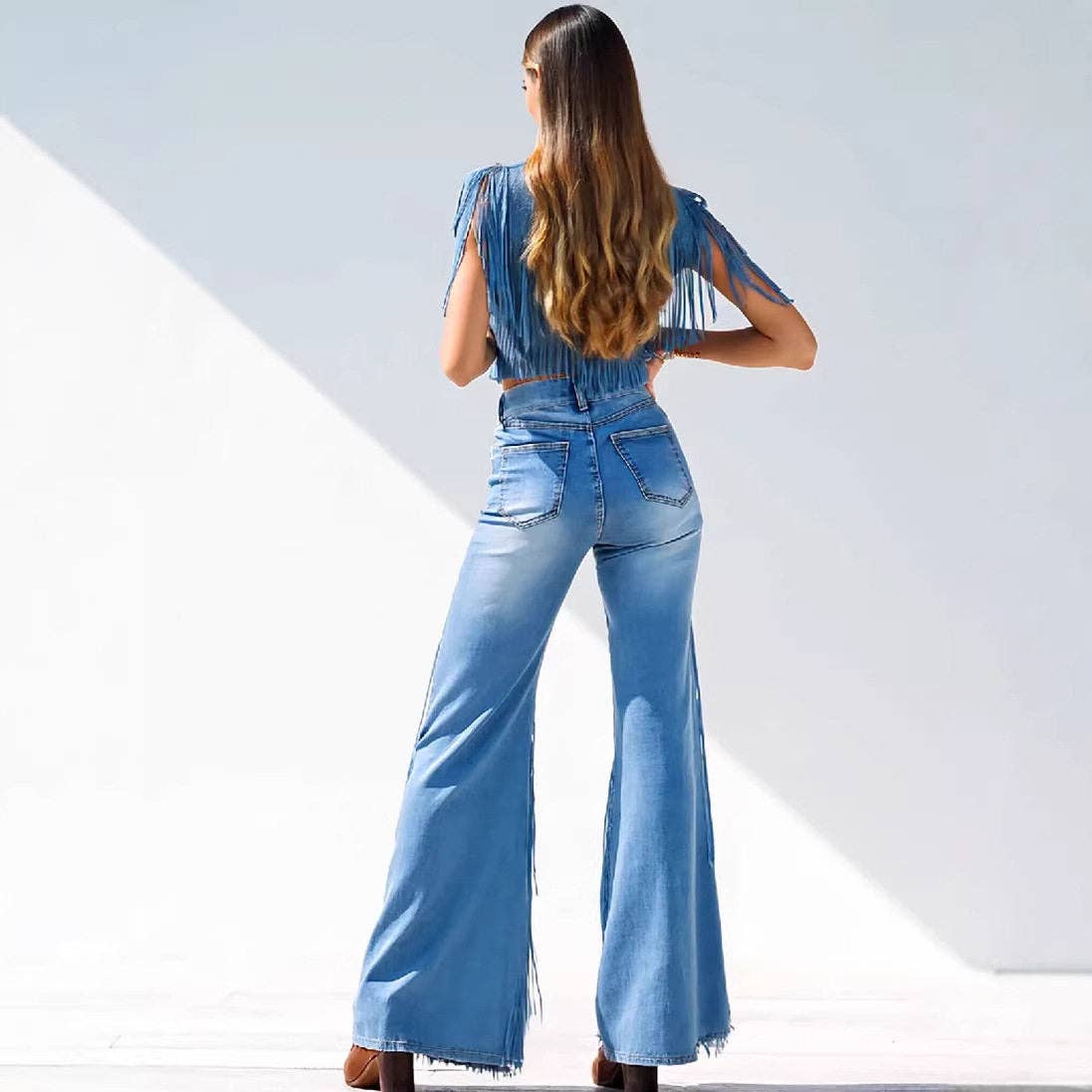 New Women's Irregular Hem Fringe Denim Jeans: BLUE
