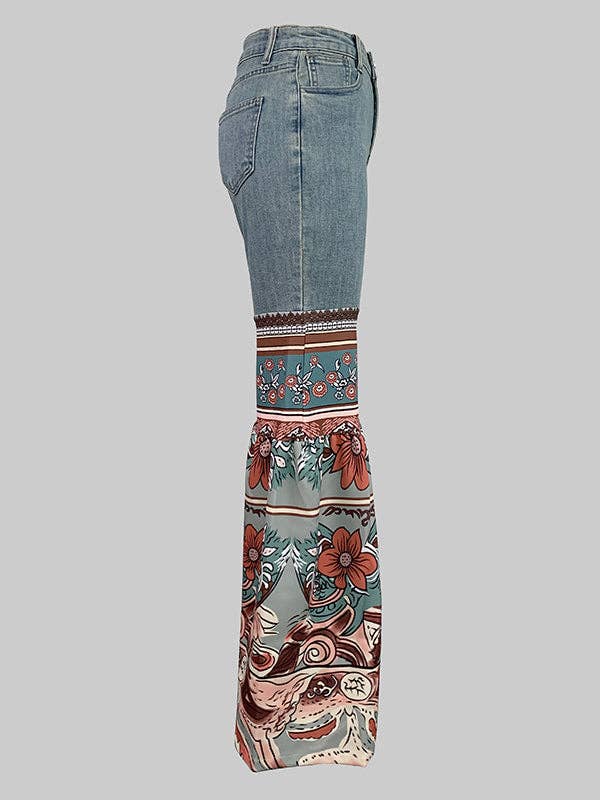 Flared Pants Floral Printed High-Waisted Pockets Jean Pants Bottoms: BLUE