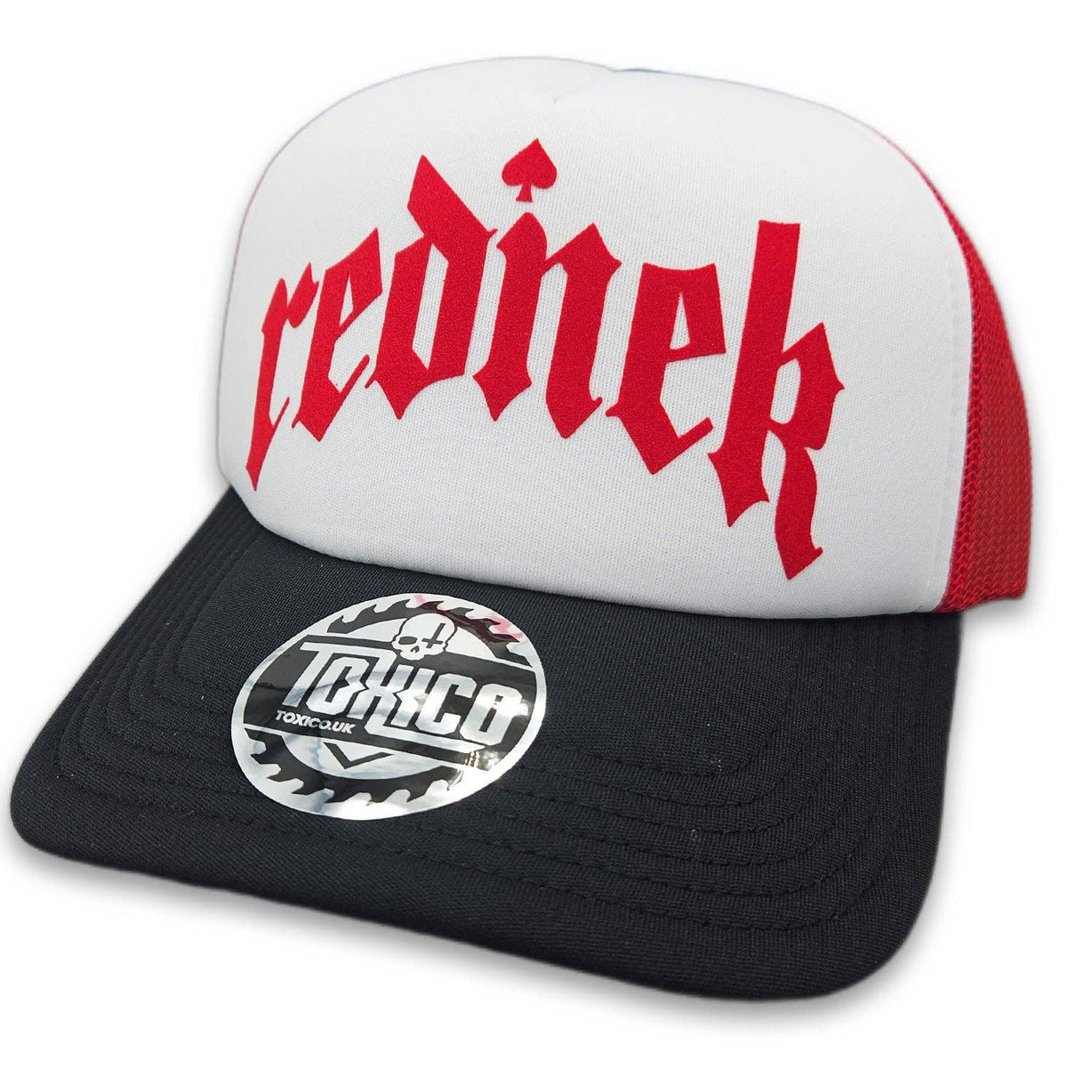 Rednek Gothic Trucker Hat: Red/White/Black
