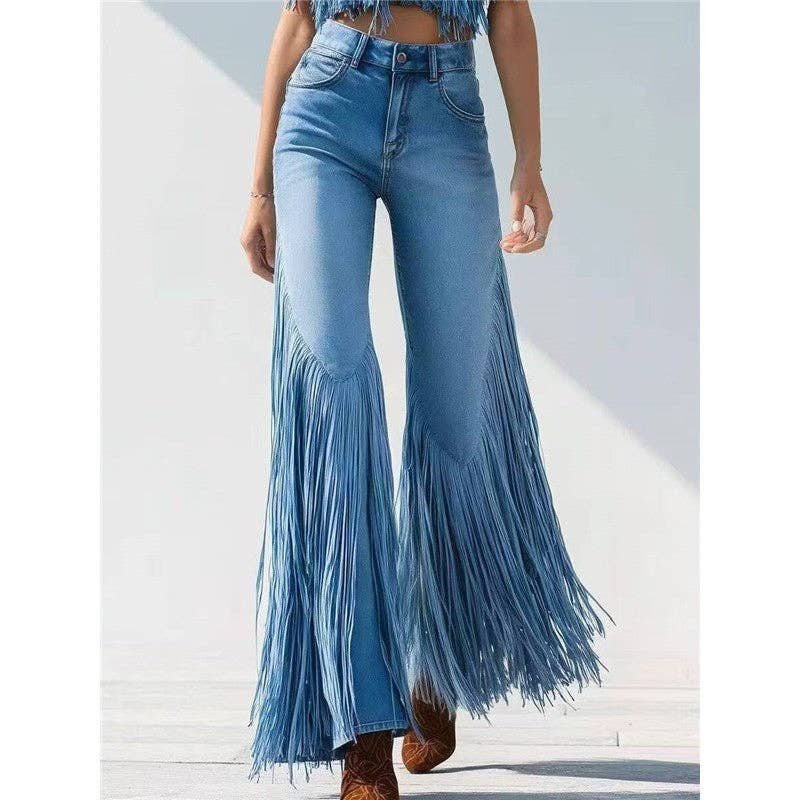 New Women's Irregular Hem Fringe Denim Jeans: BLUE