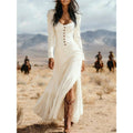 Retro Western Button Ruffle Sleeve Sexy Long Dress: WHITE