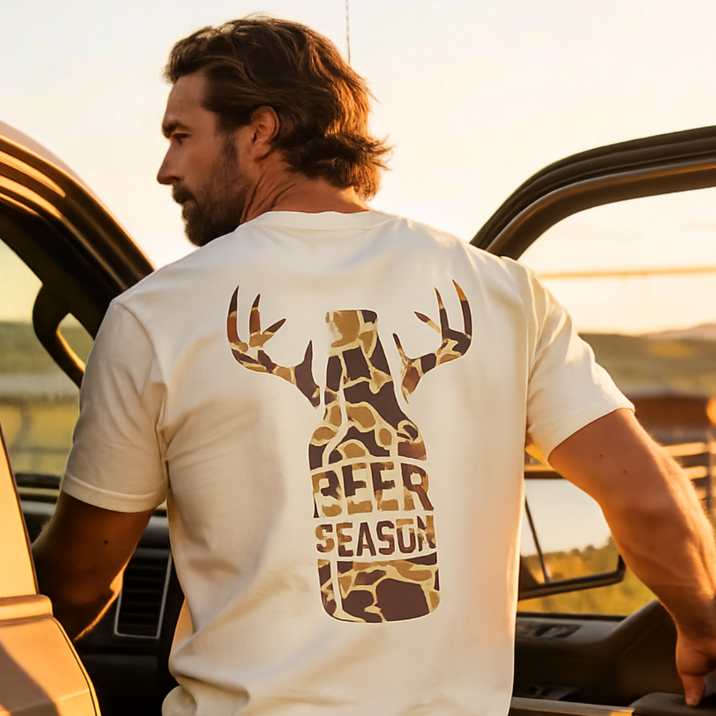 Beer Season Camo Premium Tee: Eco Raw