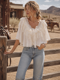 Chiffon Lace Shoulder Cape Like Crop Blouse Top: OFF WHITE