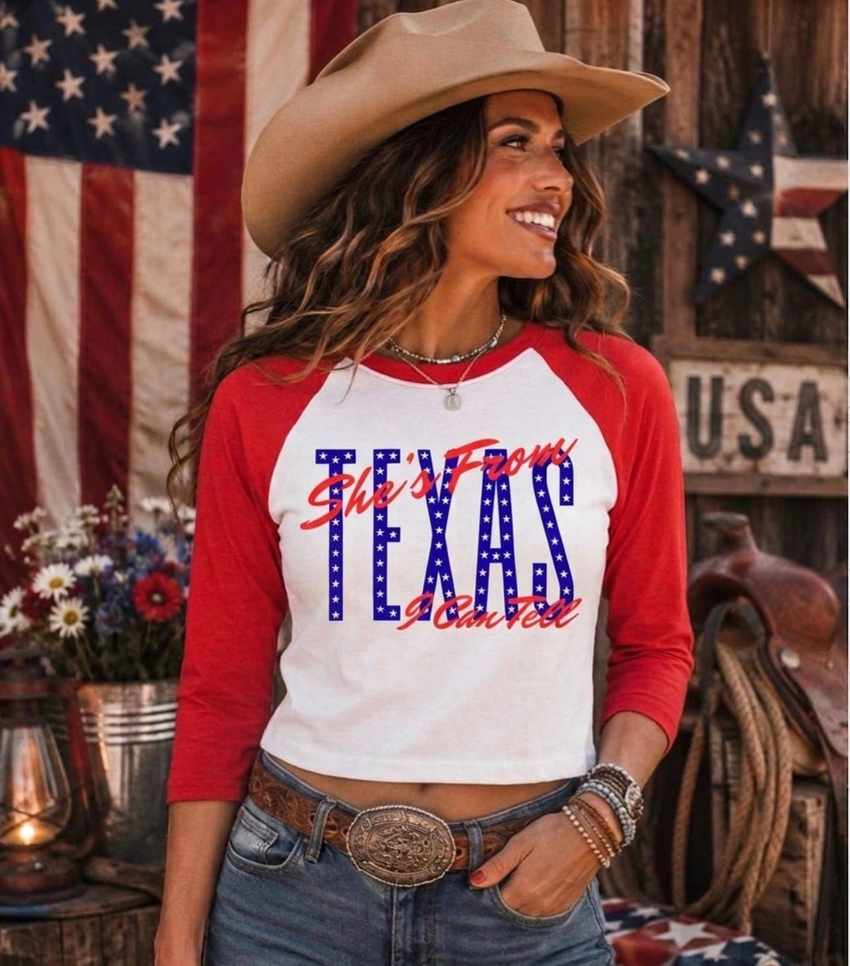 American Spirit 3/4 Varsity Mid Length Tee : Red Sleeve