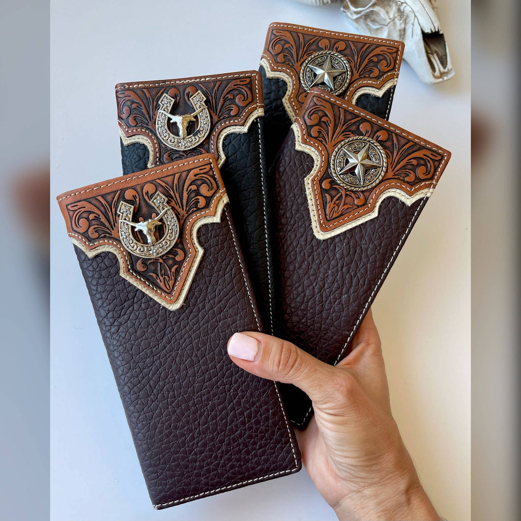 Bifold Wallet Genuine Tooled Leather Bi-Fold Wallet: Star - Black