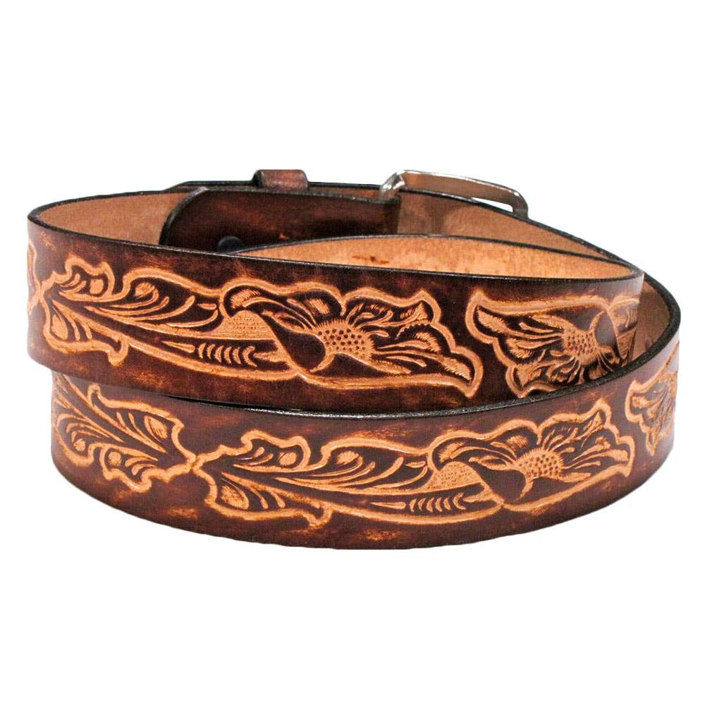 Made in the USA - Brown Leather Belt with Western Scrolls: 38