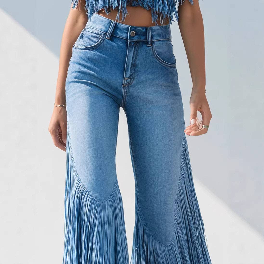 New Women's Irregular Hem Fringe Denim Jeans: BLUE