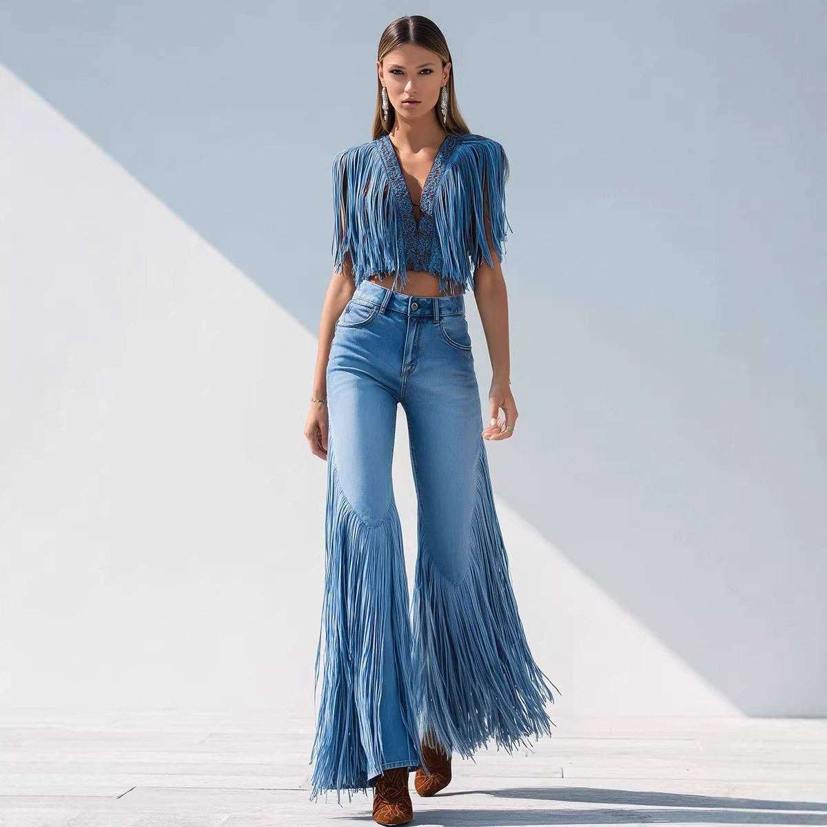 New Women's Irregular Hem Fringe Denim Jeans: BLUE