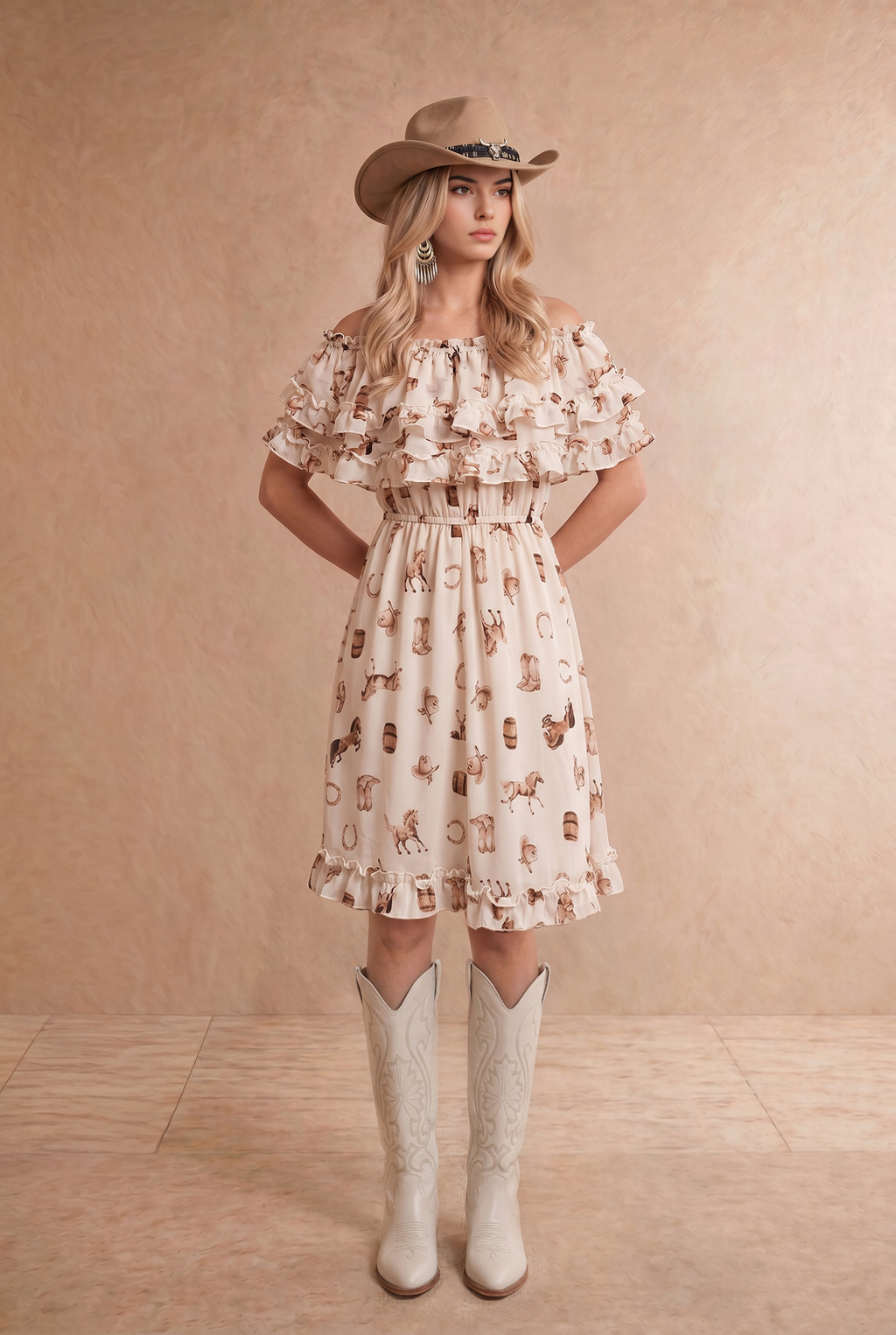 LAYERED RUFFLE DETAILED WESTERN PRINT DRESS: CREAM
