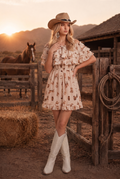 LAYERED RUFFLE DETAILED WESTERN PRINT DRESS: CREAM