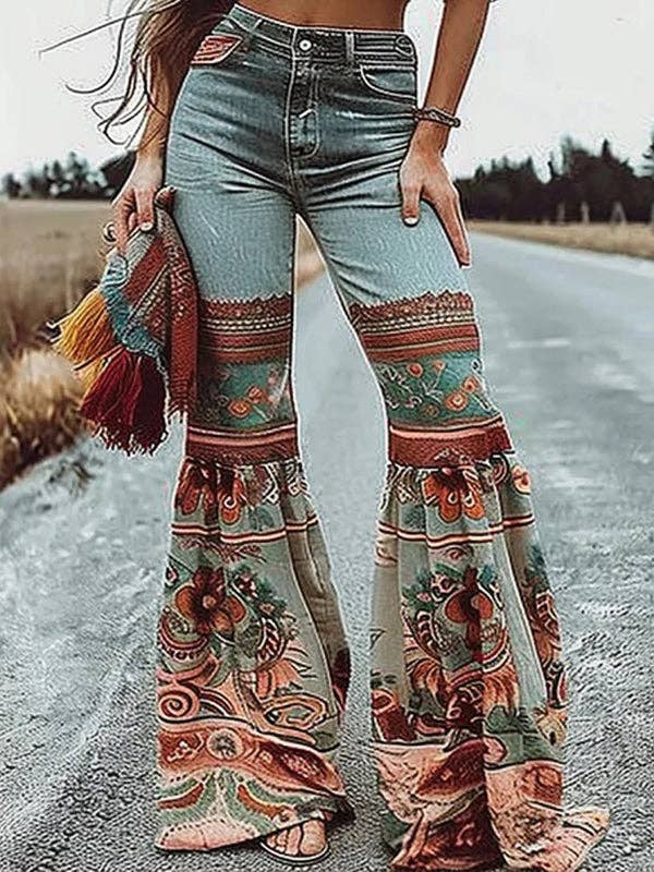 Flared Pants Floral Printed High-Waisted Pockets Jean Pants Bottoms: BLUE