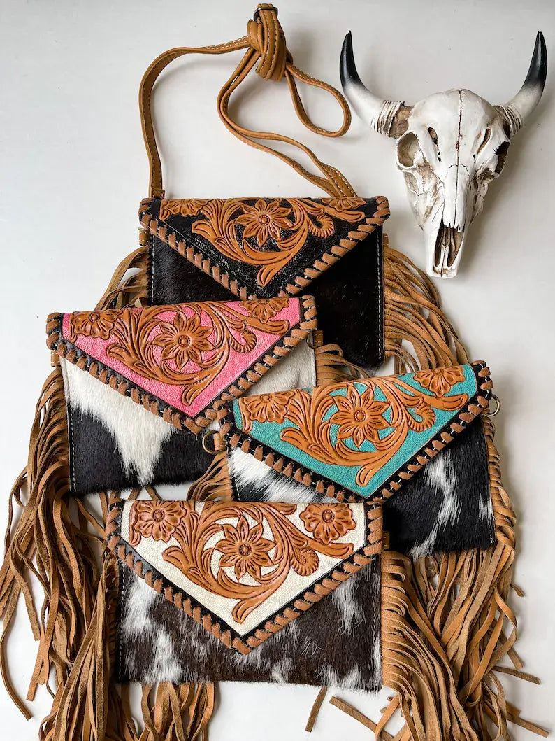 THE CASSIE - TOOLED crossbody Western Tooled Leather Cowhide: Black/brow/white