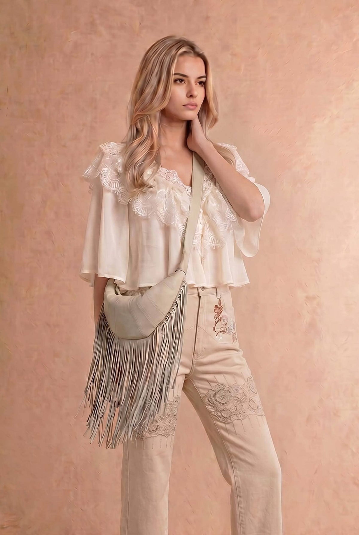 Chiffon Lace Shoulder Cape Like Crop Blouse Top: OFF WHITE