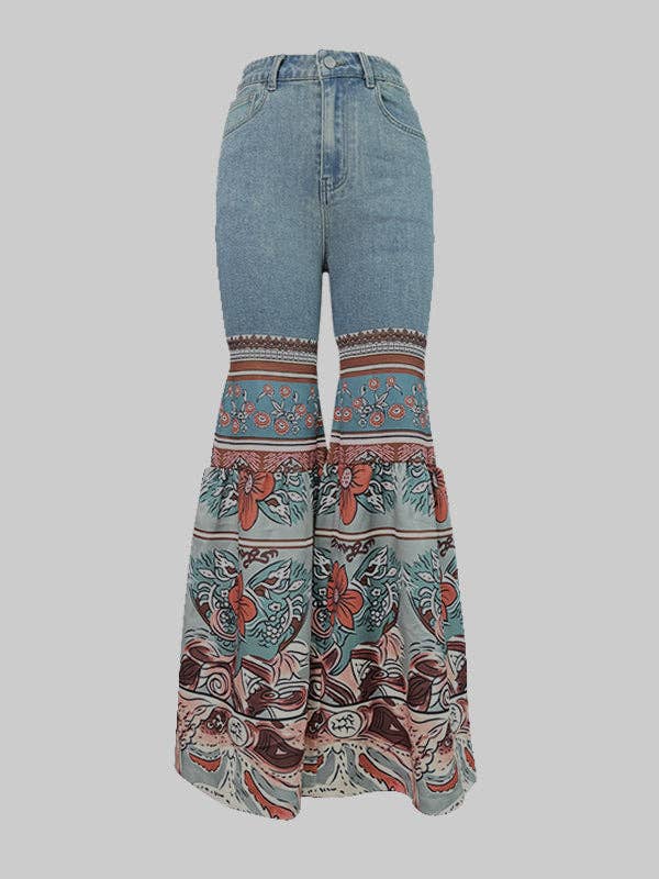 Flared Pants Floral Printed High-Waisted Pockets Jean Pants Bottoms: BLUE