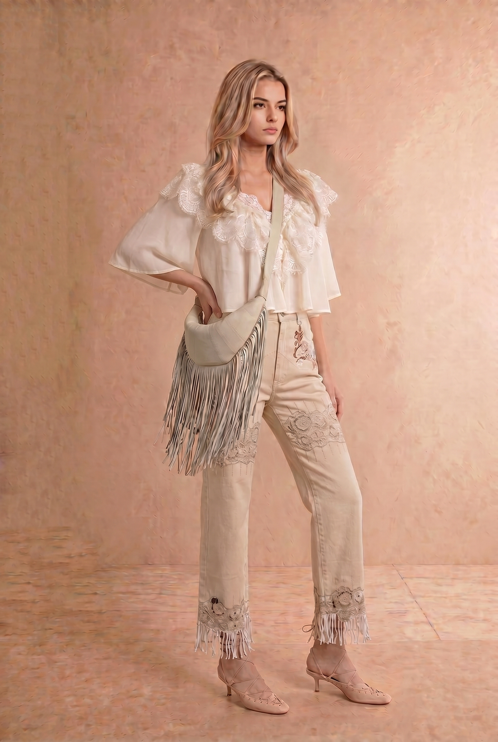 Chiffon Lace Shoulder Cape Like Crop Blouse Top: OFF WHITE
