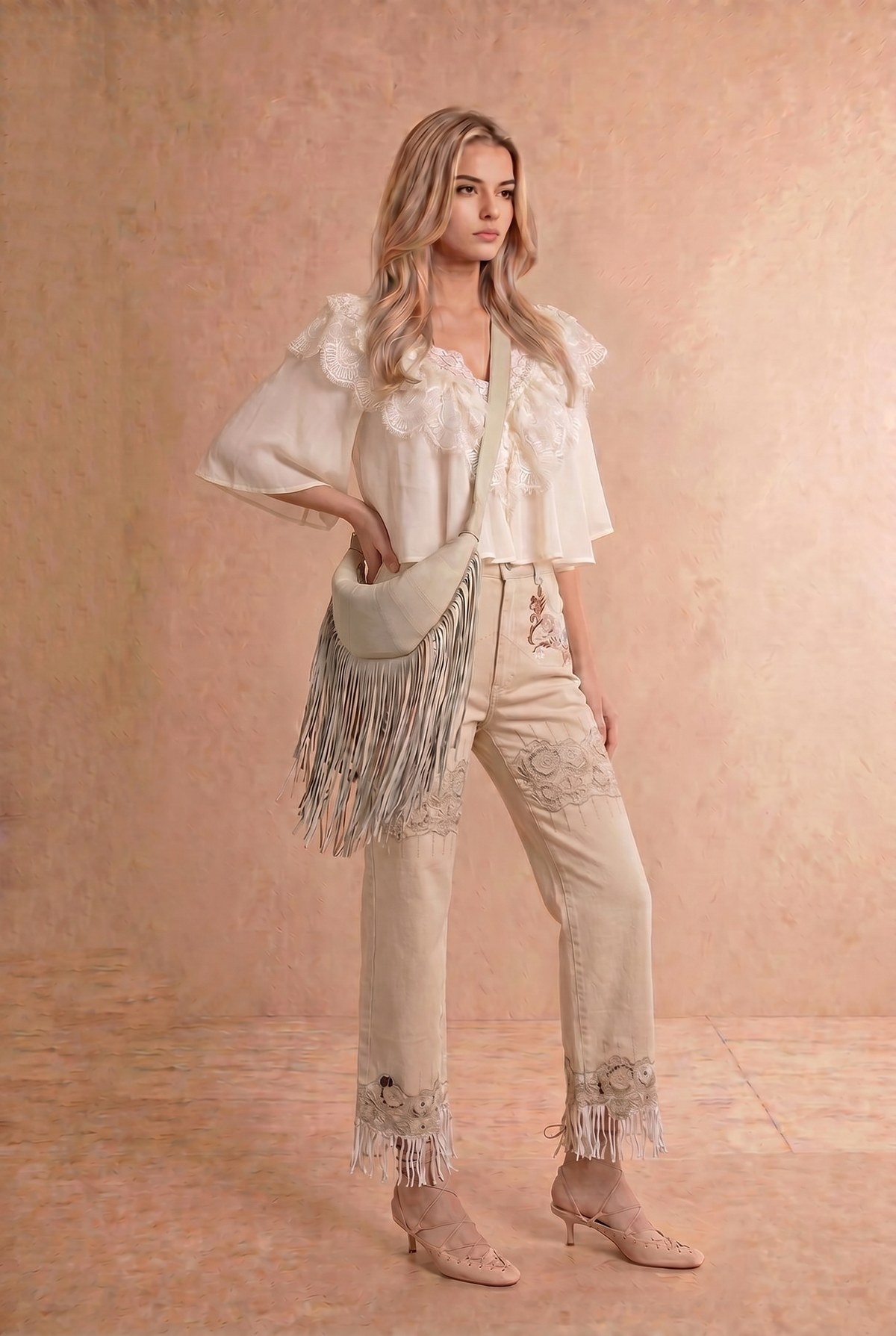 Chiffon Lace Shoulder Cape Like Crop Blouse Top: OFF WHITE
